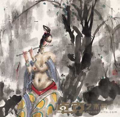 傅小石 横笛仕女图 镜心 49×48cm